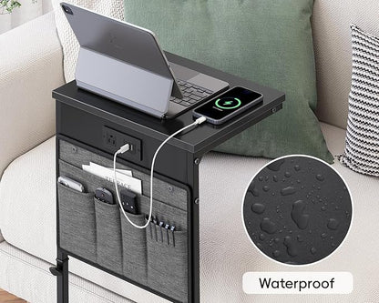 Vagusicc C Shaped End Table with Charging Station, Tall C Table End Table Adjustable Height Side Table for Couch, Small Couch Table Slide Under Sofa Table TV Tray Table for Living Room, Bedroom, Black