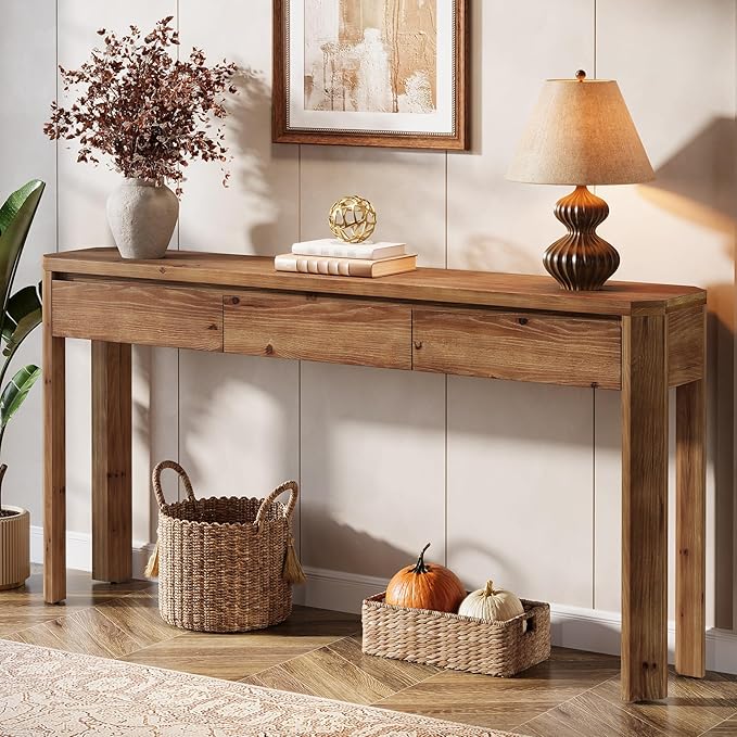 Solid Wood Console Table with 3 Drawers, 63-Inch Farmhouse Entryway Table with Rounded Corners, Long Sofa Table Behind Couch, Accent Table for Entrance, Hallway, Living Room, Rustic Brown