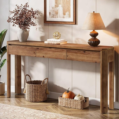 Solid Wood Console Table with 3 Drawers, 63-Inch Farmhouse Entryway Table with Rounded Corners, Long Sofa Table Behind Couch, Accent Table for Entrance, Hallway, Living Room, Rustic Brown