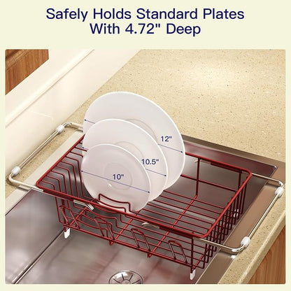 MAJALiS Red Dish Drying Rack Over The Sink with Utensil Holder | Expandable Stainless Steel Dish Drainer for Small Kitchen, Apartment, RV, Counter Space Saving, Perfect Fit, Rustproof