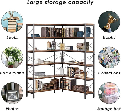 Wildhome 6-Shelf Corner Bookshelf, Vintage Industrial L Shaped Bookshelf Etagere Bookcase, Corner Shelf with Metal Frame Open Storage Rack Corner Book Shelf for Home Office Living Room (Retro Brown)