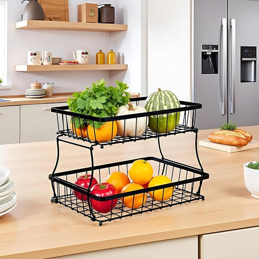 HOSY 2 Tier Steel Basket, Standing Storage Rack Ideas for Fruits, Vegetables, Bread, etc. (14-inch)