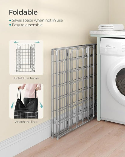 SONGMICS Laundry Hamper, 23.8 Gal. (90L) Laundry Basket, Collapsible Clothes Hamper, Removable and Washable Liner, Metal Wire Frame, for Bedroom Bathroom, Silver and Classic Black ULCB190B01