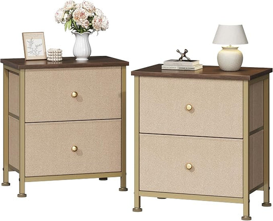 DUMOS Nightstand Small Dresser with 2 Fabric Drawers Side Tables Bedroom End Table Kids Bedside Storage Furniture for 20 inch Tall Night Stand for Closet, Entryway, College Dorm, Khaki 2Pack
