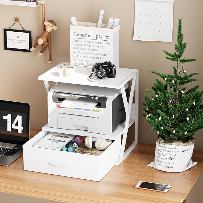 aboxoo Printer Stand for Desk with Storage Drawer, 2 Tier Desktop Or UnderDesk Shelf, Multi-Purpose Desk Organizer for Home Office, fit Fax Machine/3D Printer/Scanner, White