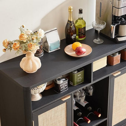Lerliuo Rattan Wine Cabinet with 2 Doors, Boho Liquor Cabinet with Wine Racks, Farmhouse Coffee Bar Station for Living Room, Dining Room, Kitchen, Black