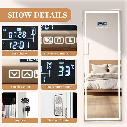 LED Mirror Jewelry Cabinet with Bluetooth Speaker, Wall/Door Mounted Jewelry Organizer Armoire, Full Length Lighted Mirror with Jewelry Storage,Jewelry Box Standing for Women
