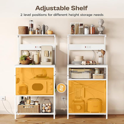 SUPERJARE Kitchen Bakers Rack with Power Outlet, Coffee Bar Table 4 Tiers, Kitchen Microwave Stand with 6 S-Shaped Hooks, Storage Shelf Rack for Spices, Pots and Pans - White