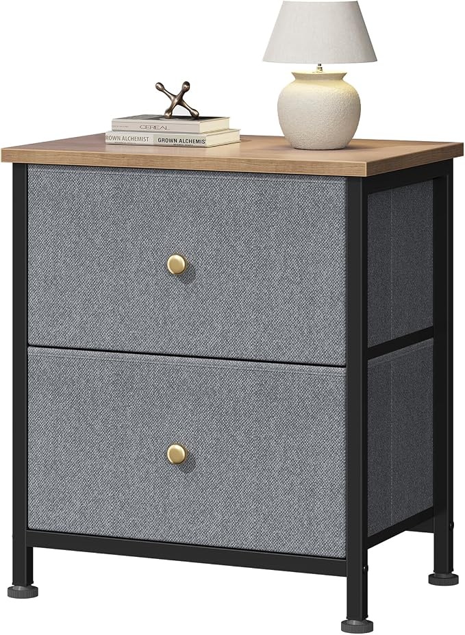DUMOS Nightstand Small Dresser with 2 Fabric Drawers Side Tables Bedroom End Table Kids Bedside Storage Furniture for 20 inch Tall Night Stand for Closet, Entryway, College Dorm, Blue