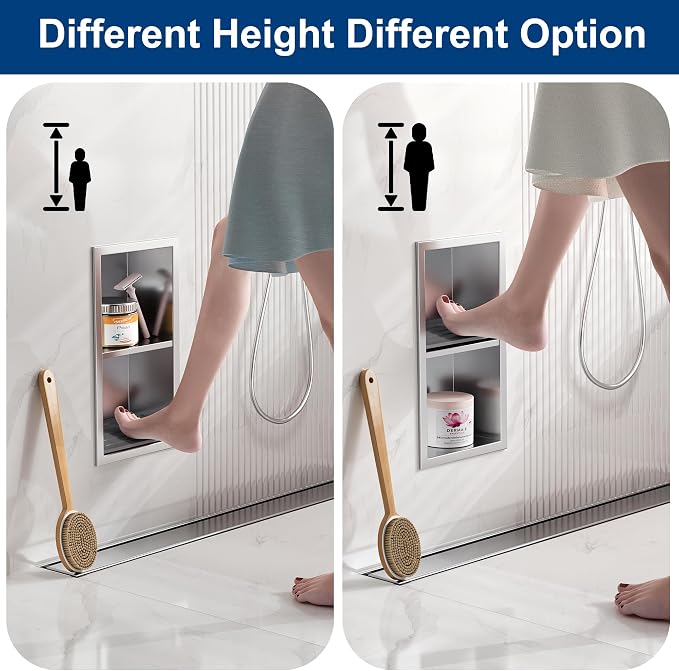 Qeke Shower Foot Rest for Shaving Legs, 304 Stainless Steel Footrest Niche With Holder, Recessed Shower Niche, Brushed Nickel, 5.9" X 12.3"