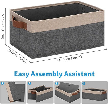 GhvyenntteS Small Fabric Storage Bins 6 Pack, 11.8" x 7.87" x 5.11" Storage Basket with Leather Handles, Closet Storage Bins for Shelves, Storage Baskets for Shelves, DVD Storage (Grey/Beige Yellow)