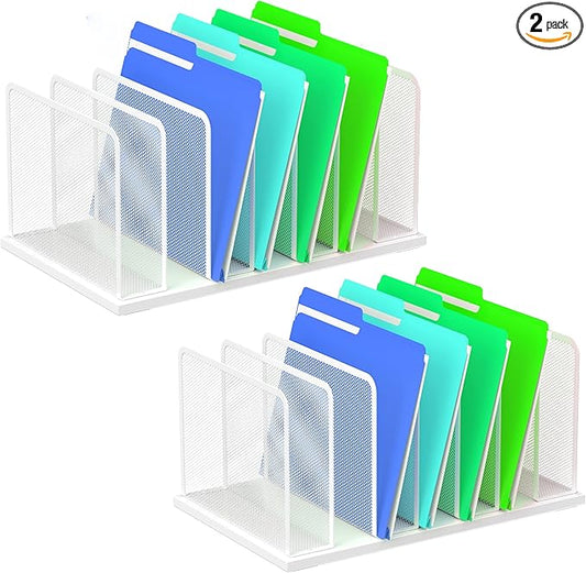 Kuntine.B Desk File Organizer Upright Mesh Desktop Organizer File Sorter Office Organization File Holder for Home, Office & Classroom (White, 2 Pack 7-Section)
