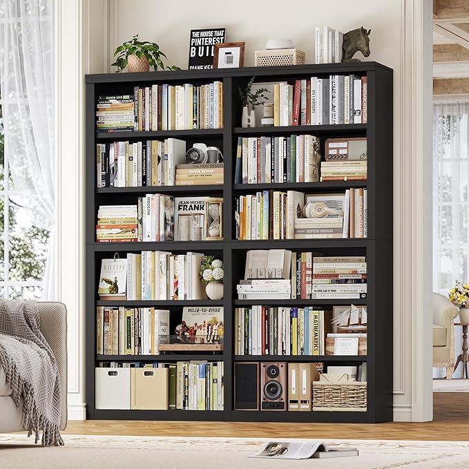 HOSTACK 63" W Open Book Shelf, 73" Tall Bookshelf with Storage, Modern Black Bookshelf, Large Bookcase with 12 Display Shelves, 6 Tier Wooden Book Case for Living Room, Home Office, Library, Black