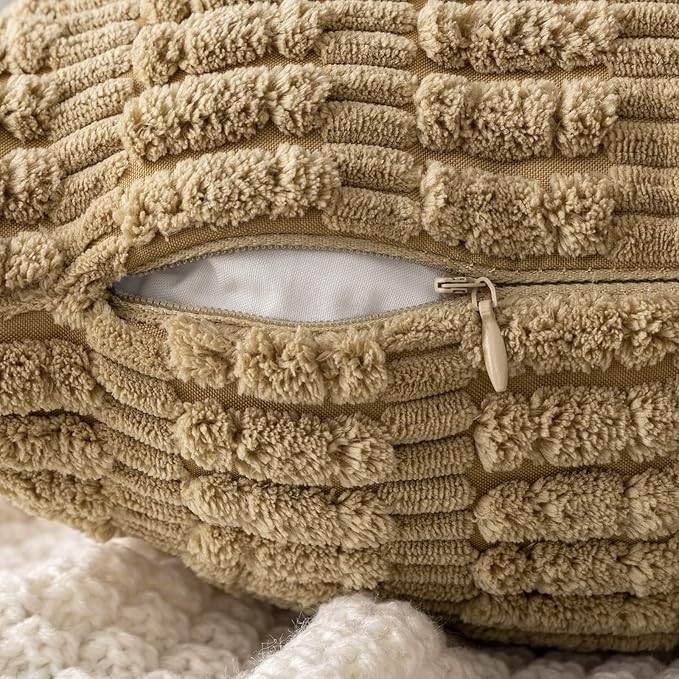 MIULEE Pack of 2 Corduroy Decorative Throw Pillow Covers 18x18 Inch Soft Boho Striped Pillow Covers Modern Farmhouse Home Decor for Sofa Living Room Couch Bed Khaki