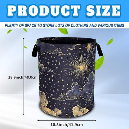 Beautiful Sun Stars Moon Laundry Basket Oxford Cloth Clouds Laundry Hamper With Handle Foldable Portable Clothes Storage Basket 18.9 X 16.5 In Storage Bag For Laundry Room/Bathroom/Bedroom/Dormitories