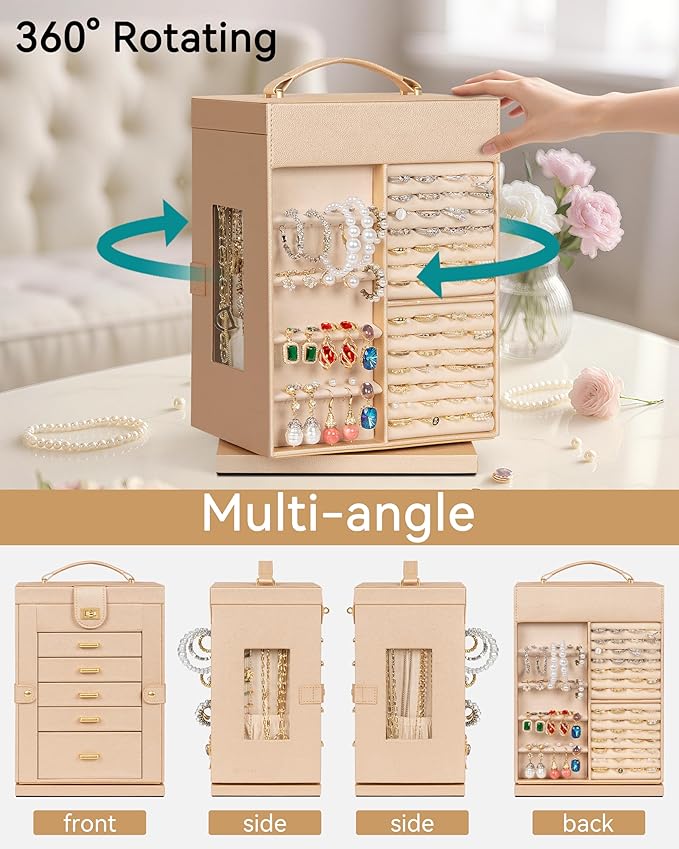 AKOZLIN Jewelry Box 6-Tier Organizer Functional 360° Rotating Jewelry Storage Case for Women Girls Ring Necklace Earring Bracelet Holder with Mirror