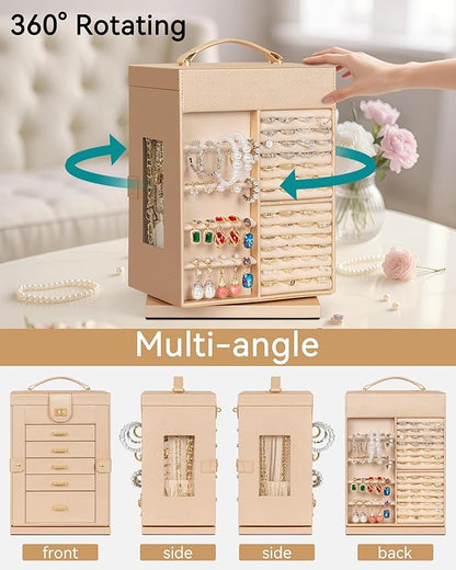 AKOZLIN Jewelry Box 6-Tier Organizer Functional 360° Rotating Jewelry Storage Case for Women Girls Ring Necklace Earring Bracelet Holder with Mirror