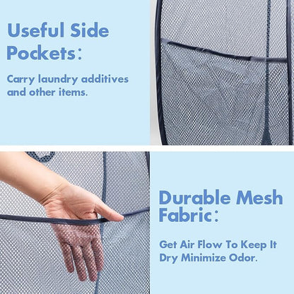DUCOO Pop Up Laundry Hamper, 70L Collapsible Mesh Laundry Basket with Side Pocket, Foldable Dirty Clothes Hamper with Sturdy Reinforced Handles for Home Dorm Bedroom Travel Storage, Blue, 2Pack