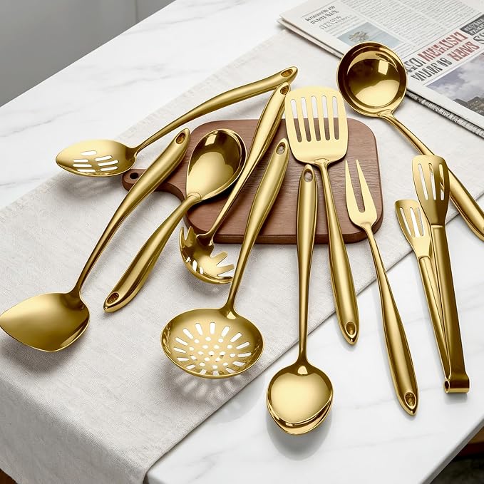304 Gold Stainless Steel Cooking Utensils Set, 11 PCS Long Large Metal Cooking Utensil Tools Set with Fork, Spatulas, Spoons, Skimmer, Ladle, Pasta Server, Tongs