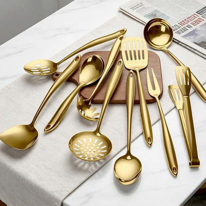 304 Gold Stainless Steel Cooking Utensils Set, 11 PCS Long Large Metal Cooking Utensil Tools Set with Fork, Spatulas, Spoons, Skimmer, Ladle, Pasta Server, Tongs