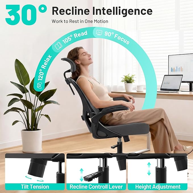 Office Chair - Ergonomic Desk Chair Breathable Mesh Chair with 2D Headrest & Adjustable Lumbar Support - Executive High Back Rolling Swivel Computer Gaming Chair with Wheels Flip-up Armrests