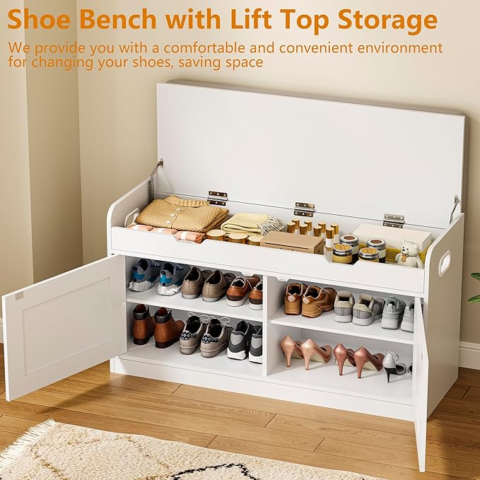 BEWISHOME Shoe Bench with Lift Top Storage, 2-Tier Storage Bench with Adjustable Shelf, Entryway Bench with Padded Seat Cushion, Wooden Shoe Organizer for Entryway Living Room Bedroom Hallway White