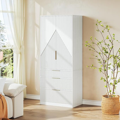 71.7" Wardrobe Armoire Wooden Closet with 2 Doors and 3 Drawers, Bedroom Armoire with Hanging Rod Shelf, Large Capacity Storage Wardrobe Armoire, Freestanding Wooden Closet Storage Cabinet White