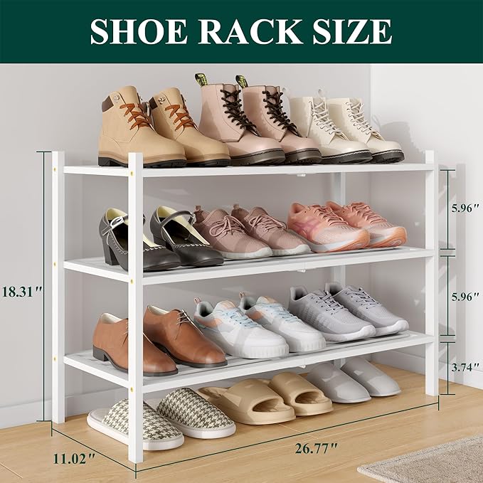 Smiry Bamboo Shoe Rack 3-Tier, Stackable Wooden Shoe Organizer for Entryway & Closet, Free Standing Wood Shoe Storage Shelf for Front Door & Small Spaces, White