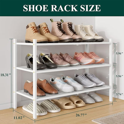 Smiry Bamboo Shoe Rack 3-Tier, Stackable Wooden Shoe Organizer for Entryway & Closet, Free Standing Wood Shoe Storage Shelf for Front Door & Small Spaces, White