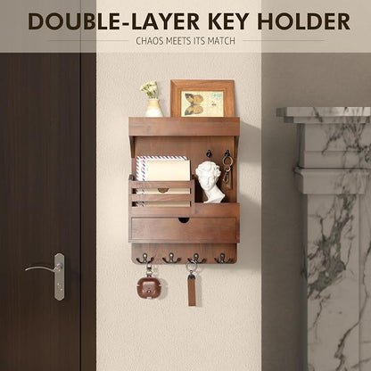 Rebee Vision Farmhouse Key Holder Wall Mount with Drawer Organizer – Pine Wooden Mail and Key Organizer for Wall with 6 Sturdy Hooks & Floating Shelf – Perfect for Retro Living Room Decor (Brown)