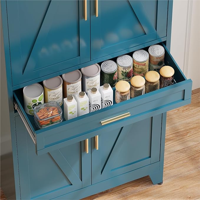COFaR 71 in Tall Kitchen Pantry Cabinet, Metal Pantry Storage Cabinet with 4 Adjustable Shelves and 4 Barn Doors, Freestanding Farmhouse Food Cupboard for Dining Room, Peacock Blue 6-Tier