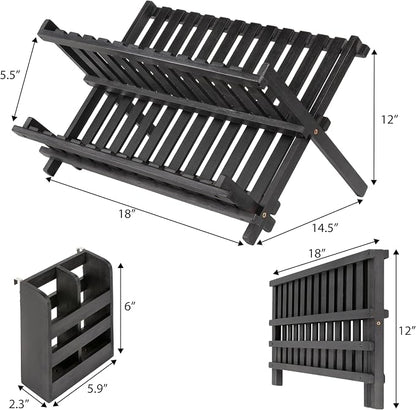happimess DSH2000C Arlen Farmhouse Bamboo Foldable 2-Tier Dish Drying Rack with Detachable Utensil Holder, Black