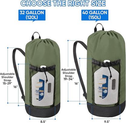 BALEINE 2PK 150L Laundry Bag Backpack, 900D Oxford Fabric Large Travel Laundry Bags with Shoulder Straps and 2 Mesh Pockets for College Dorm, Apartment, Laundromat (Green, 150L)