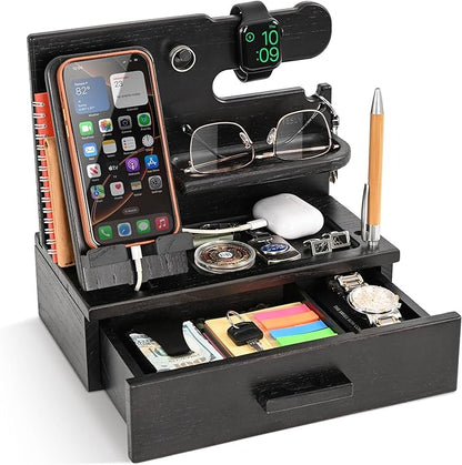 TESLYAR Wood Phone Docking Station with Drawer - Nightstand Organizer - Desk Organizer for Husband - Birthday Gifts for Men, Dad, Anniversary Idea, Key Holder Stand Watch & Accessories (Fumed Black)