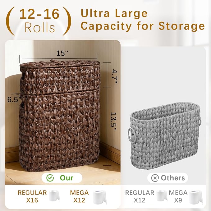 Livole 2-in-1 Toilet Paper Basket with Lid Toilet Paper Storage - 16 Regular Rolls or 12 Mega Rolls Woven Plastic Rattan Waterproof Toilet Paper Organizer for Bathroom, Browm