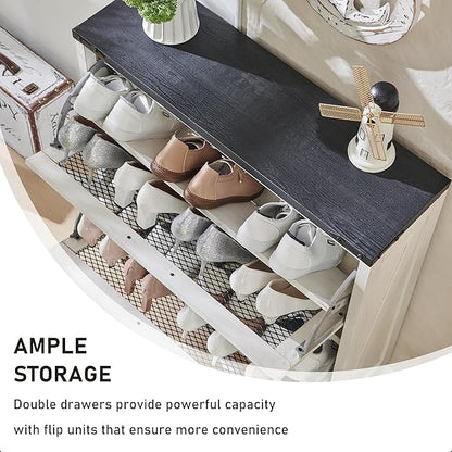 JXQTLINGMU Shoe Cabinet with 2 Flip Drawers, Farmhouse Shoe Storage Cabinet with Mesh Doors and Adjustable Shelves, Rustic Wooden Shoe Organizer, Small Shoe Cabinet Storage for Entryway, White