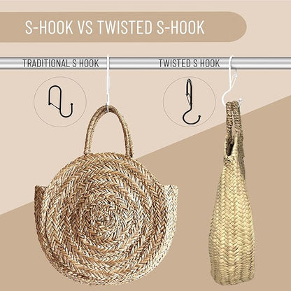 6 Purse Hanger for Closet. Tote Hanger. S-Shaped Hooks S Hooks Twist Design. Anti Drop S-Shaped Hook for Hanging Handbags with Safety Buckle to Prevent Falls. Heavy Duty. (White, Twisted)