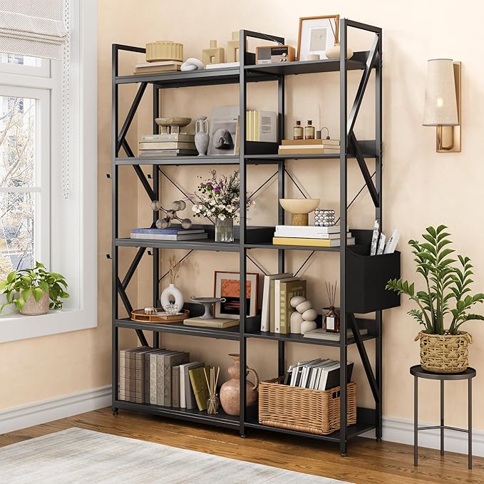 Gizoon 65" H Bookshelf, Reversible Corner Bookshelf, 5 Tier Industrial Bookcase, with 4 Hooks, Metal Frame and Wooden Board, Freestanding Display Shelf for Living Room, Kitchen, Home Office, Black