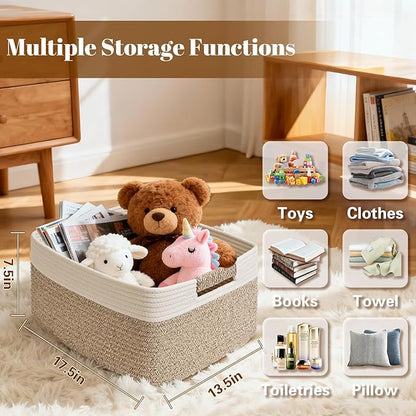 4 Pack Large Storage Basket for Organizing, 17.5"x13.5"x7.5" Woven Basket for Shelves, Closet Cube Storage Bins with Wrapped Handle, Cotton Rope Baskets for Kitchen, Clothes, Toys(Off White & Brown)