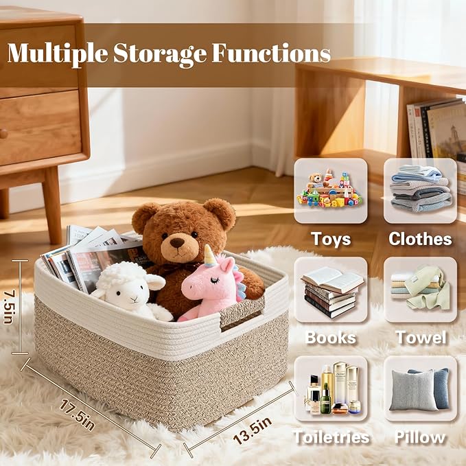 2 Pack Large Storage Basket for Organizing, 17.5"x13.5"x7.5" Woven Basket for Shelves, Closet Storage Bins with Wrapped Handle, Cotton Rope Baskets for Kitchen, Clothes, Toys(Off White & Brown)
