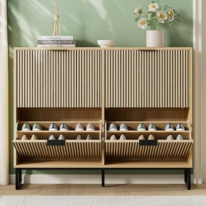 Shoe Cabinet Storage with 4 Flip Drawers, Narrow Hidden Shoe Organizer Cabinet for Entryway, Modern Freestanding Slim Shoe Rack Organizer Shoe Cupboard for Hallway, Natural Wood