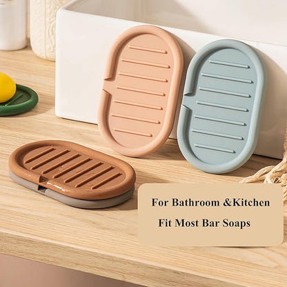 Self-Draining Oval-Shaped Silicone Soap Dish, Soap Holder/Tray/Saver for Shower, Bathroom, Kitchen, Keep Soap Dry, Easy to Clean (3, Light Color)