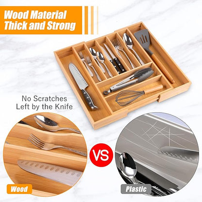 Bellsal Large Premium Bamboo Silverware Organizer - Expandable Utensil Drawer Organizer - 17"x19.6" Utensil Holder and Cutlery Tray with Grooved for Kitchen Flatware and Utensils Mother's Day Gift