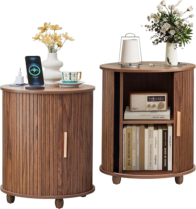 Fluted Round End Table with Charging Station, Farmhouse Small Sofa Side Table with Sliding Tambour Door & Storage, Mid-Century Wood Fulted Nightstands for Living Room, Bedroom (Walnut)