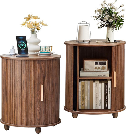 Fluted Round End Table with Charging Station, Farmhouse Small Sofa Side Table with Sliding Tambour Door & Storage, Mid-Century Wood Fulted Nightstands for Living Room, Bedroom (Walnut)