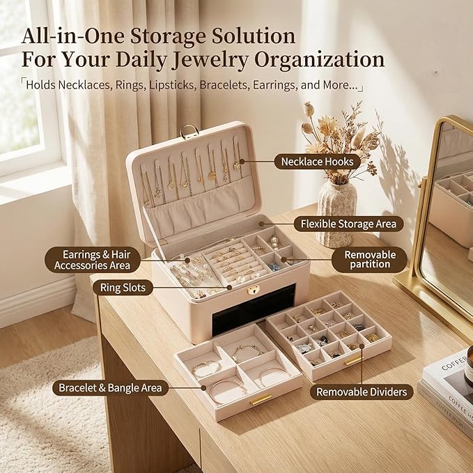 Jewelry Box for Women, Large Dresser Top Organizer with 3 Layers & 2 Drawers, PU Leather Storage Case for Earrings, Necklaces, Rings, Giftable Vanity Box (Cream white)