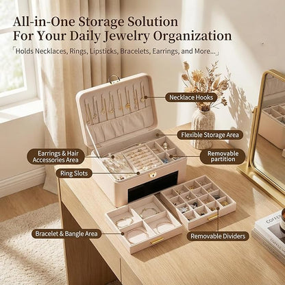 Jewelry Box for Women, Large Dresser Top Organizer with 3 Layers & 2 Drawers, PU Leather Storage Case for Earrings, Necklaces, Rings, Giftable Vanity Box (Cream white)