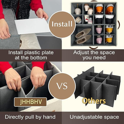 1 Pack Shoe Organizer for Closet, Adjustable Shoe Box Storage Containers, Large Foldable Shoe Bins with Clear Cover, Space Saving Shoes Holder with 4 Handles, Fits 8-16 Pairs, Beige