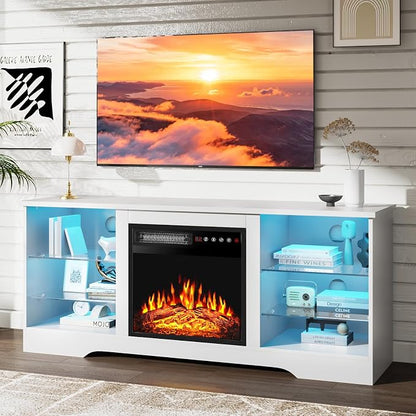 PRETZI Fireplace TV Stand with 18" Fireplace Up to 65" TVs, 58" Entertainment Center with LED Lights, TV Media Console with Adjustable Glass Shelves and Storage Cabinets for Living Room, White