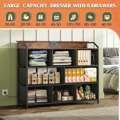 WLIVE Led Dresser for Bedroom, TV Stand for Bedroom with LED Lights and Power Outlet, Wide Chest of Drawers for Hallway, 8 Fabric Drawers for Living Room and Entryway, Floral Painted